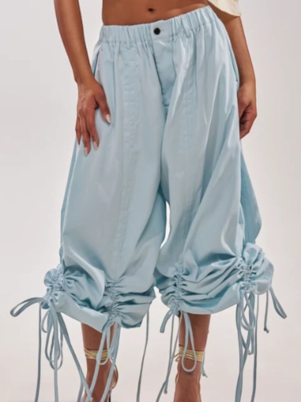 Love Highlight Parachute Pants Womens S Blue Ruched Drawstring Wide Leg Balloon
